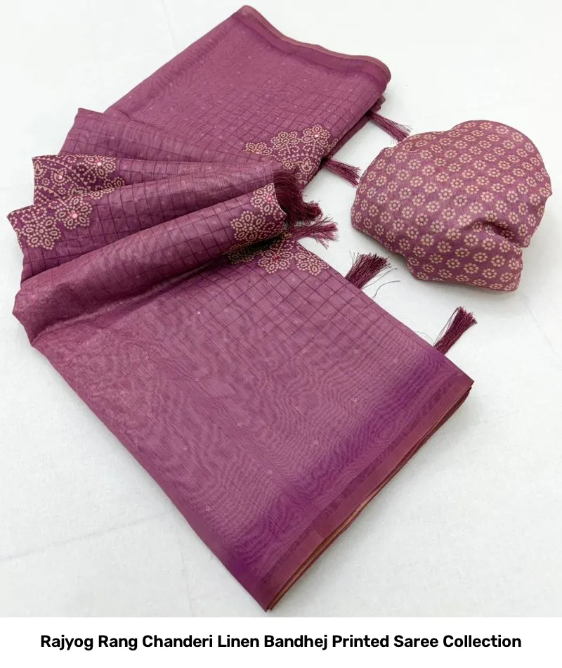 Rajyog Rang Chanderi Linen Bandhej Printed Saree Collection - Image 10