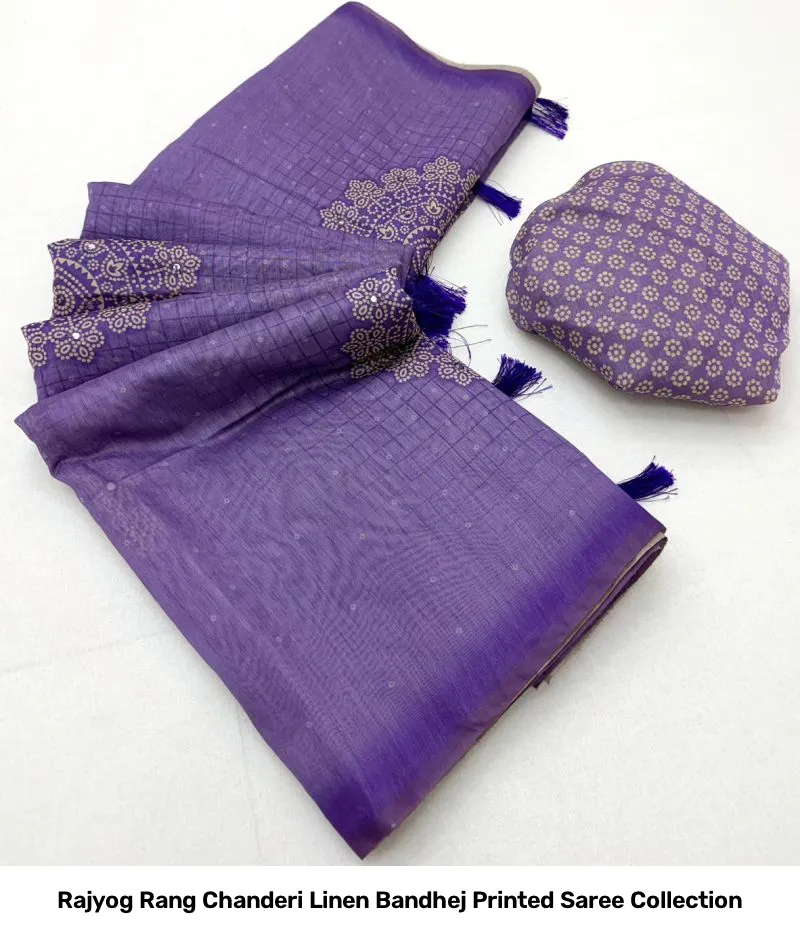 Rajyog Rang Chanderi Linen Bandhej Printed Saree Collection - Image 2