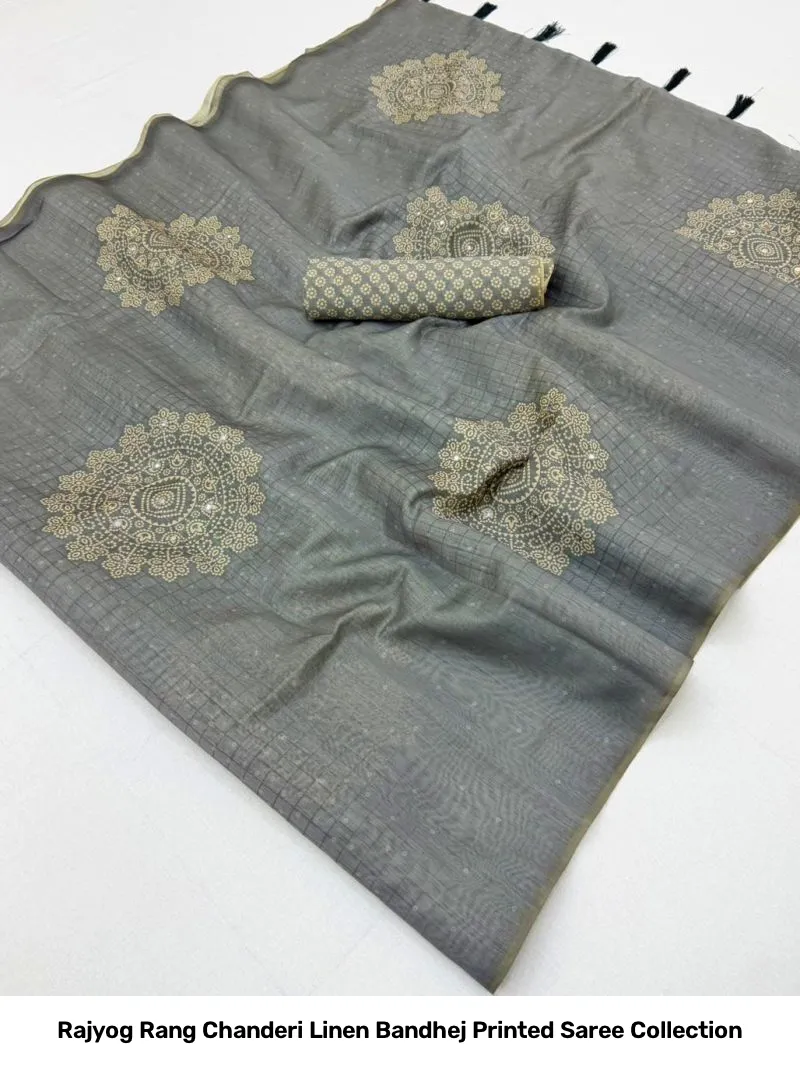 Rajyog Rang Chanderi Linen Bandhej Printed Saree Collection - Image 3