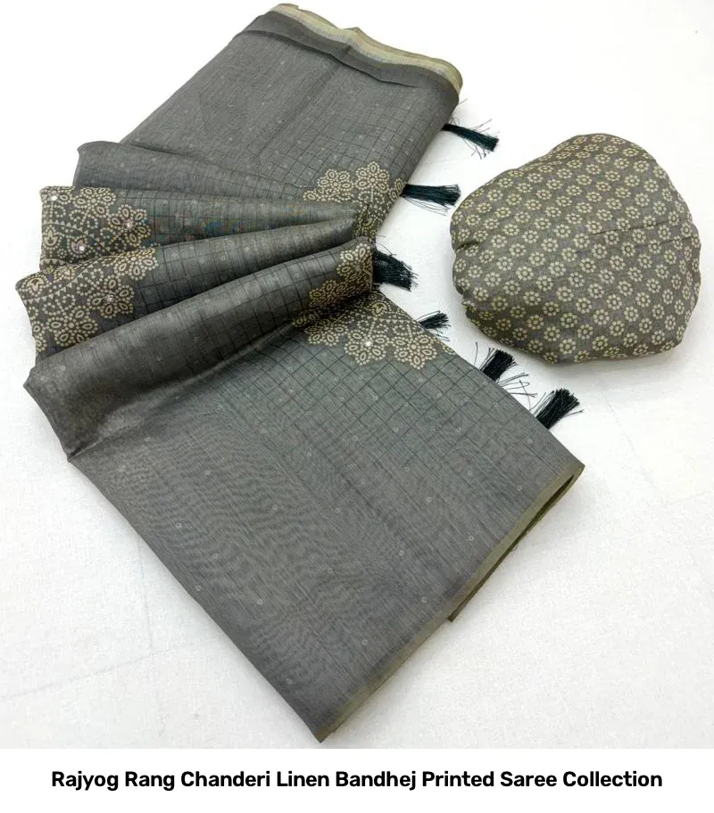 Rajyog Rang Chanderi Linen Bandhej Printed Saree Collection - Image 5