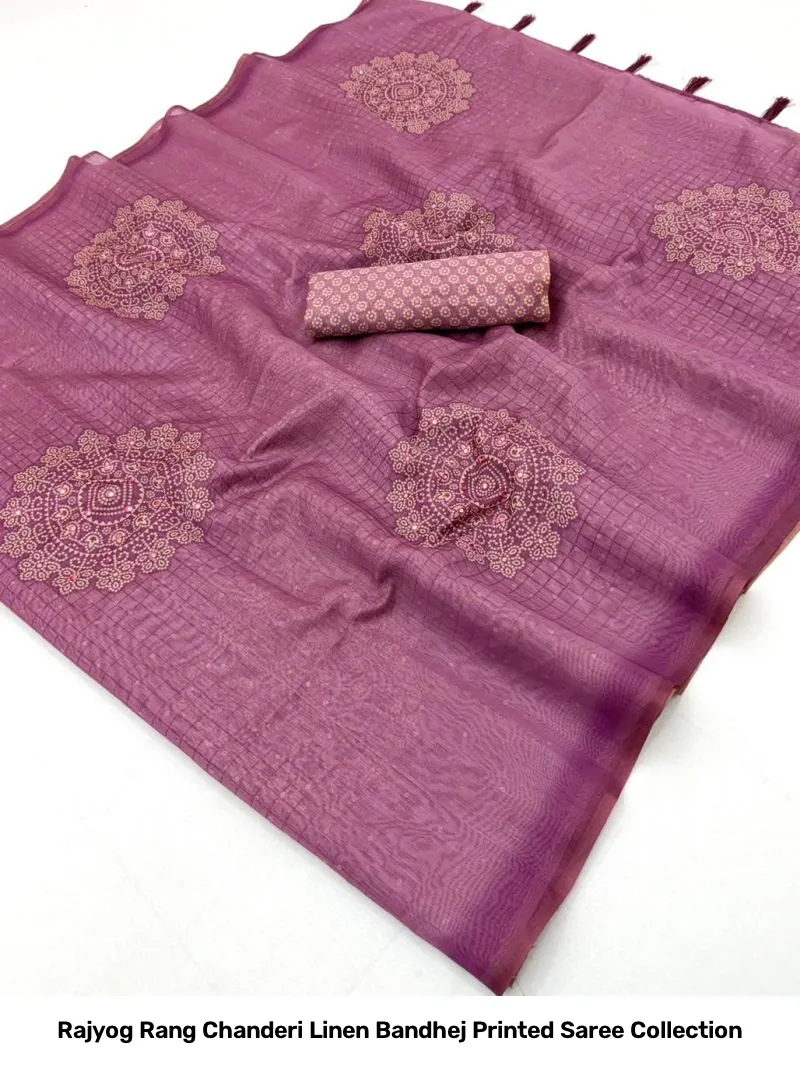 Rajyog Rang Chanderi Linen Bandhej Printed Saree Collection - Image 6