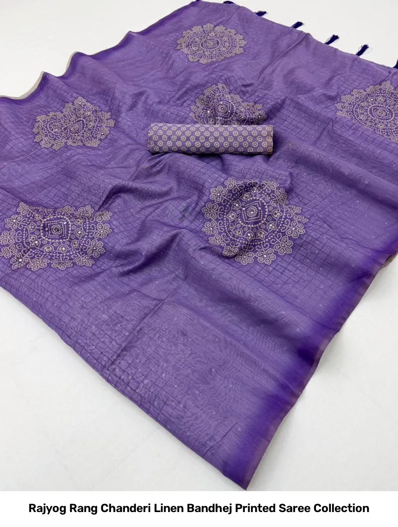 Rajyog Rang Chanderi Linen Bandhej Printed Saree Collection - Image 8