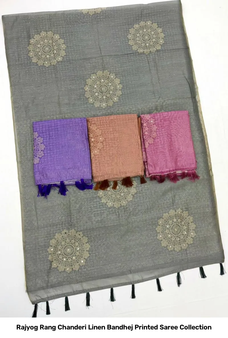 Rajyog Rang Chanderi Linen Bandhej Printed Saree Collection - Image 9