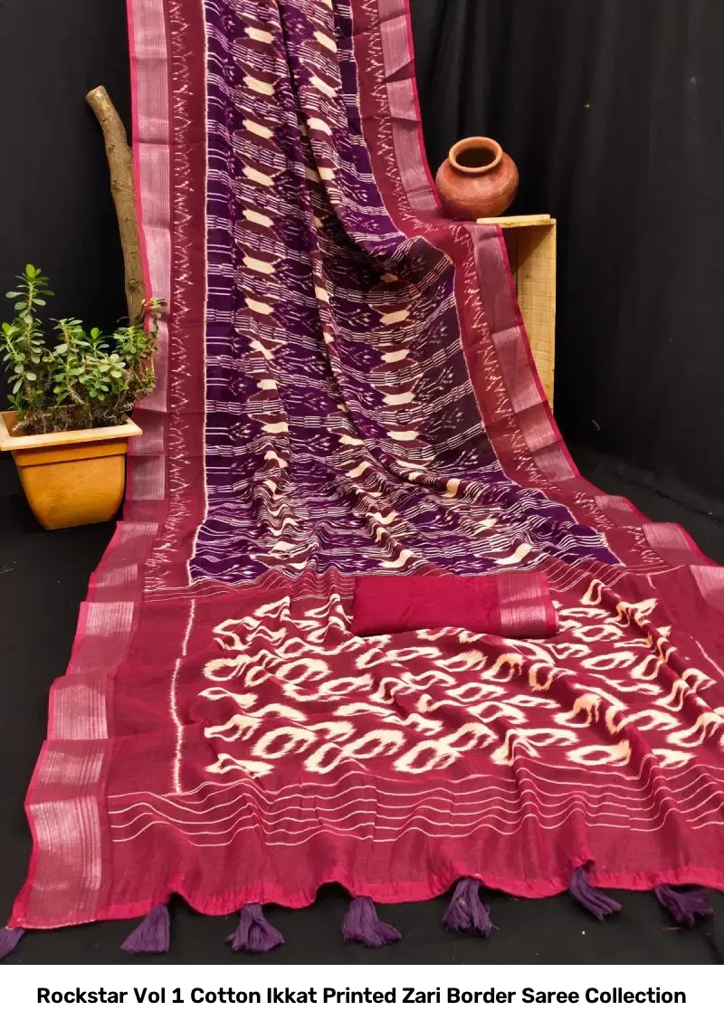 Rockstar Vol 1 Cotton Ikkat Printed Zari Border Saree Collection