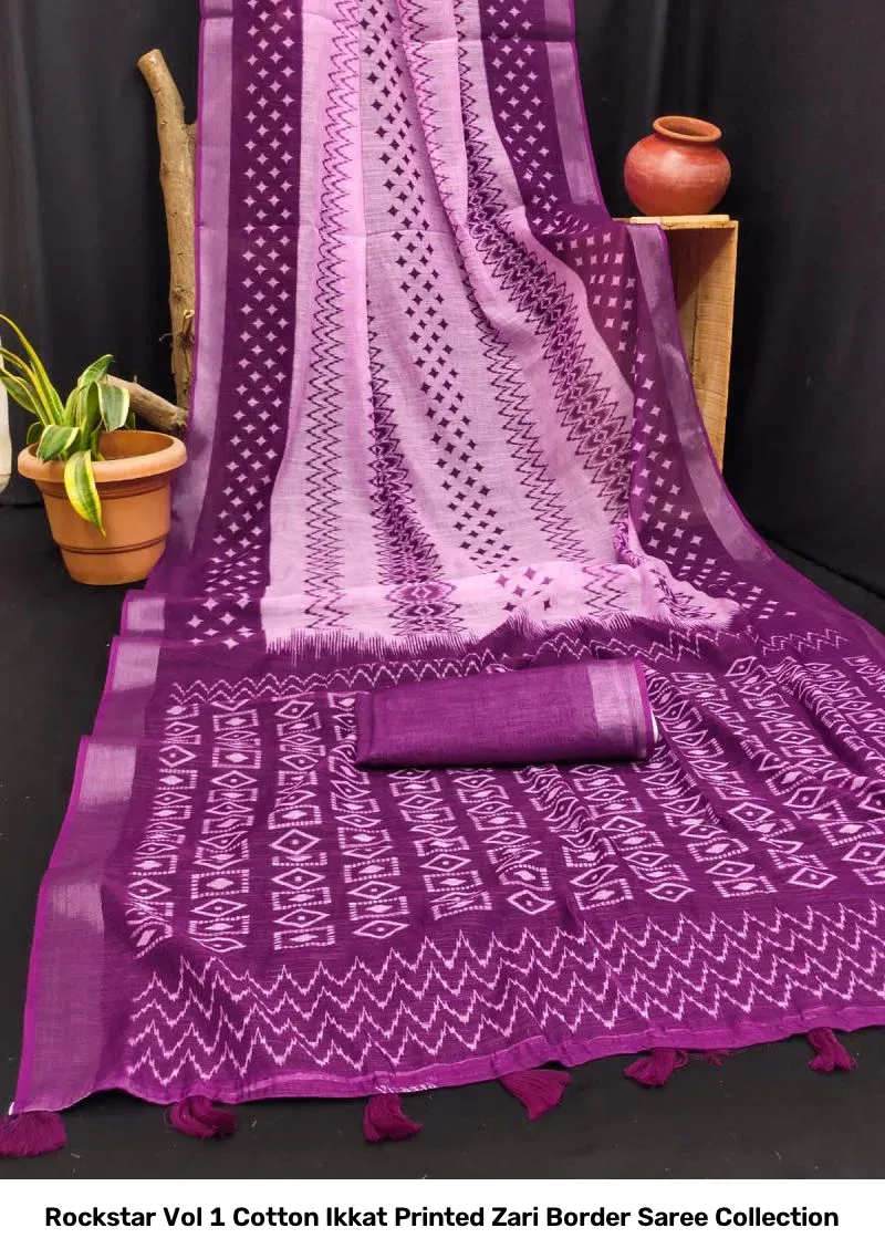 Rockstar Vol 1 Cotton Ikkat Printed Zari Border Saree Collection - Image 10