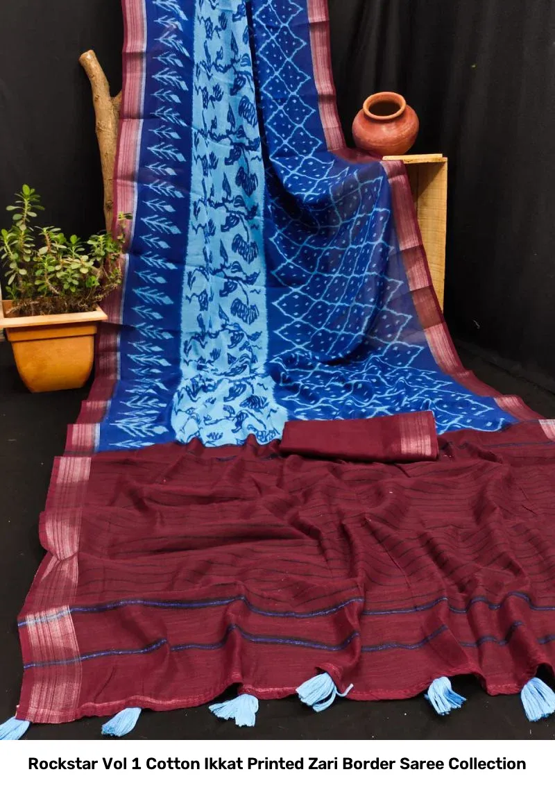 Rockstar Vol 1 Cotton Ikkat Printed Zari Border Saree Collection - Image 11