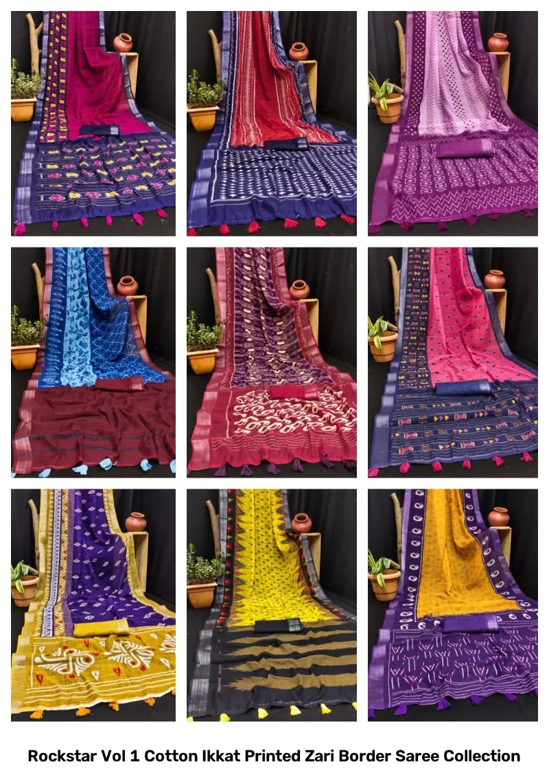 Rockstar Vol 1 Cotton Ikkat Printed Zari Border Saree Collection - Image 2