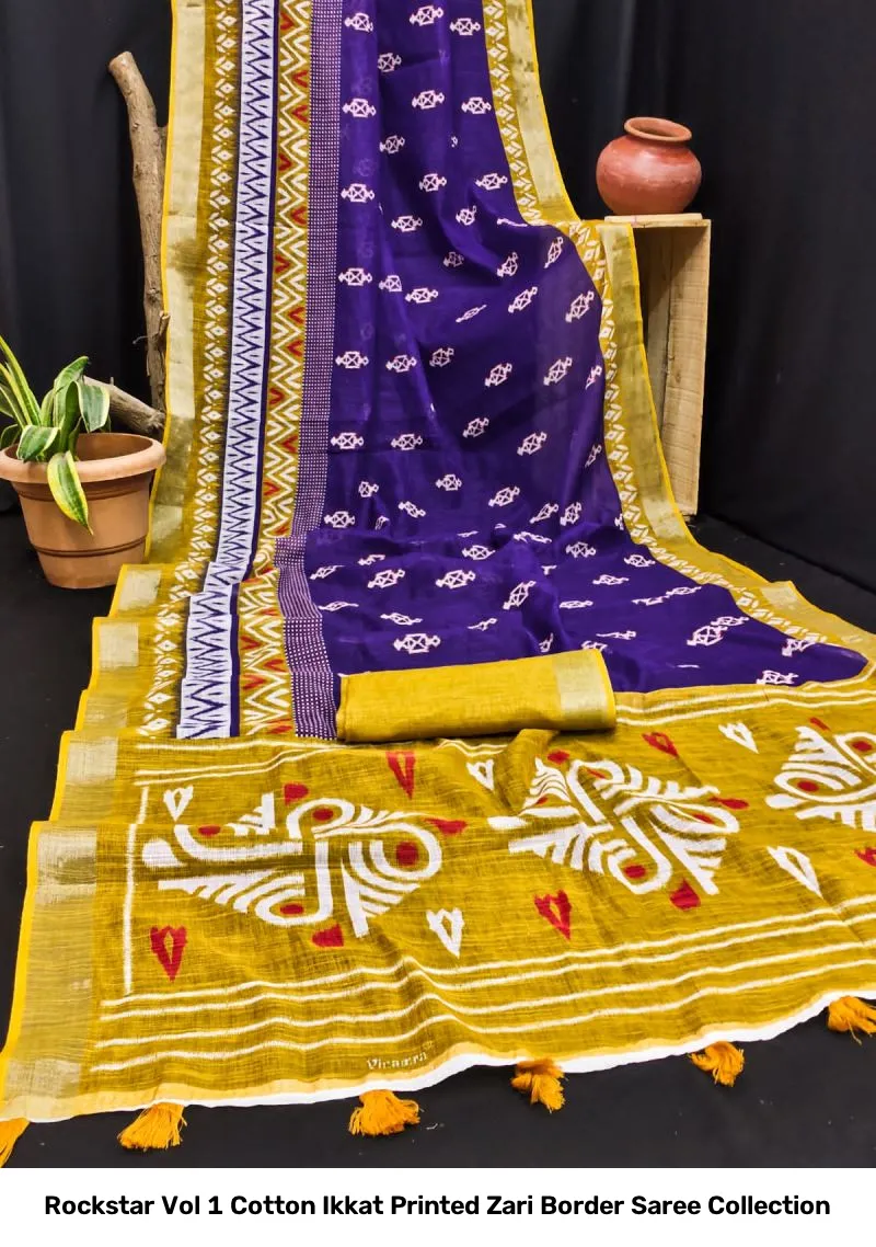Rockstar Vol 1 Cotton Ikkat Printed Zari Border Saree Collection - Image 3