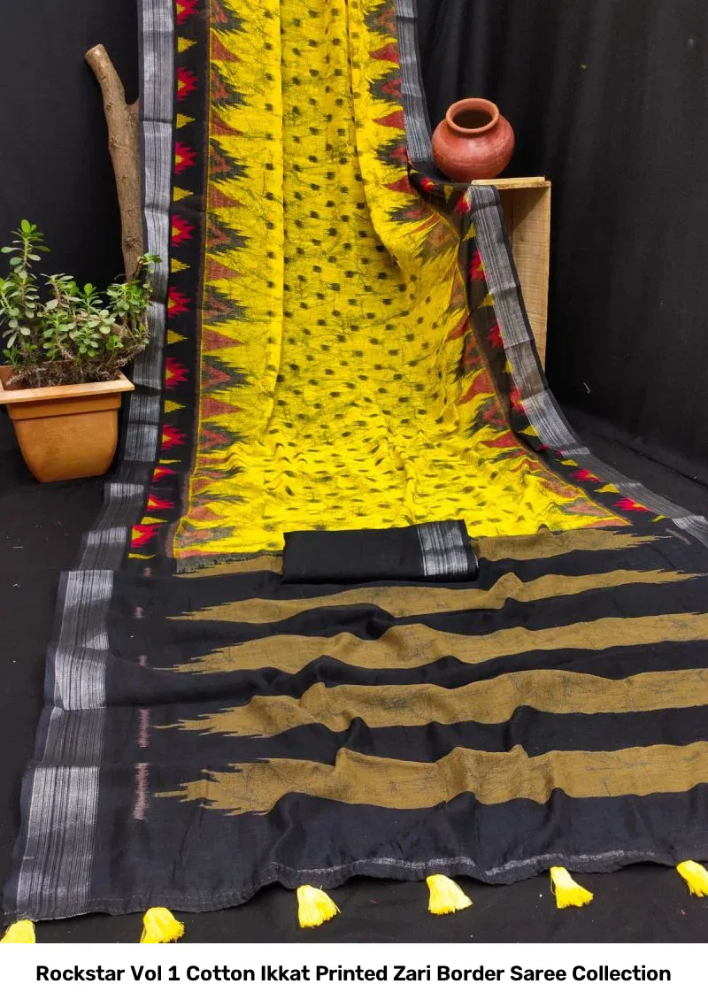 Rockstar Vol 1 Cotton Ikkat Printed Zari Border Saree Collection - Image 4