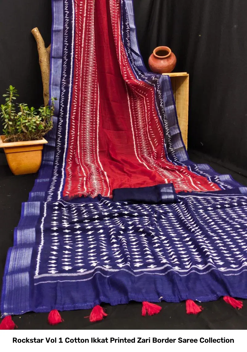 Rockstar Vol 1 Cotton Ikkat Printed Zari Border Saree Collection - Image 5