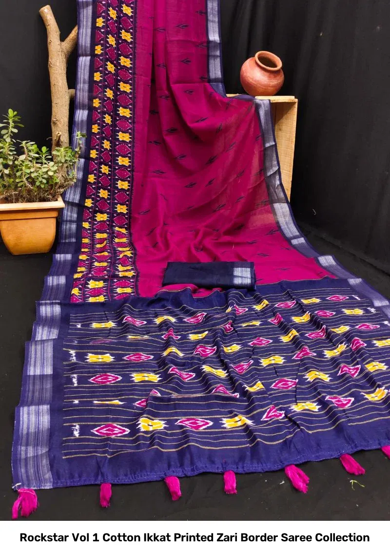 Rockstar Vol 1 Cotton Ikkat Printed Zari Border Saree Collection - Image 6