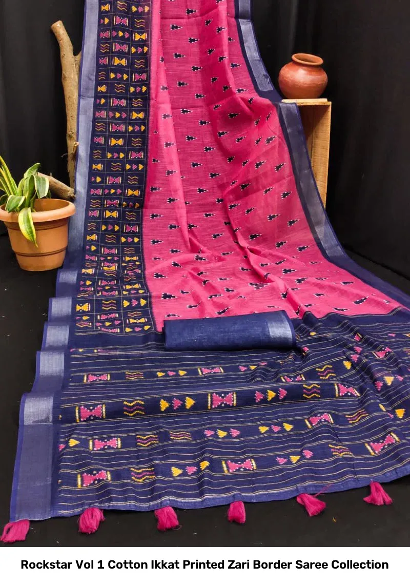 Rockstar Vol 1 Cotton Ikkat Printed Zari Border Saree Collection - Image 7