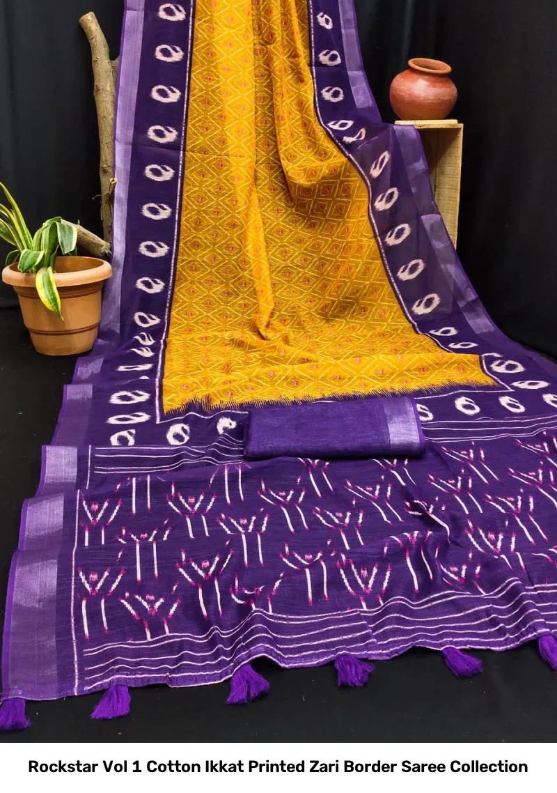 Rockstar Vol 1 Cotton Ikkat Printed Zari Border Saree Collection - Image 8