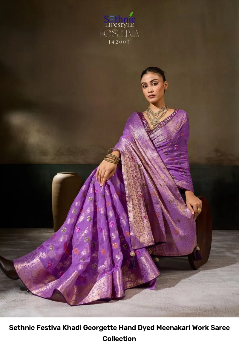 Sethnic Festiva Khadi Georgette Hand Dyed Meenakari Work Saree Collection - Image 10