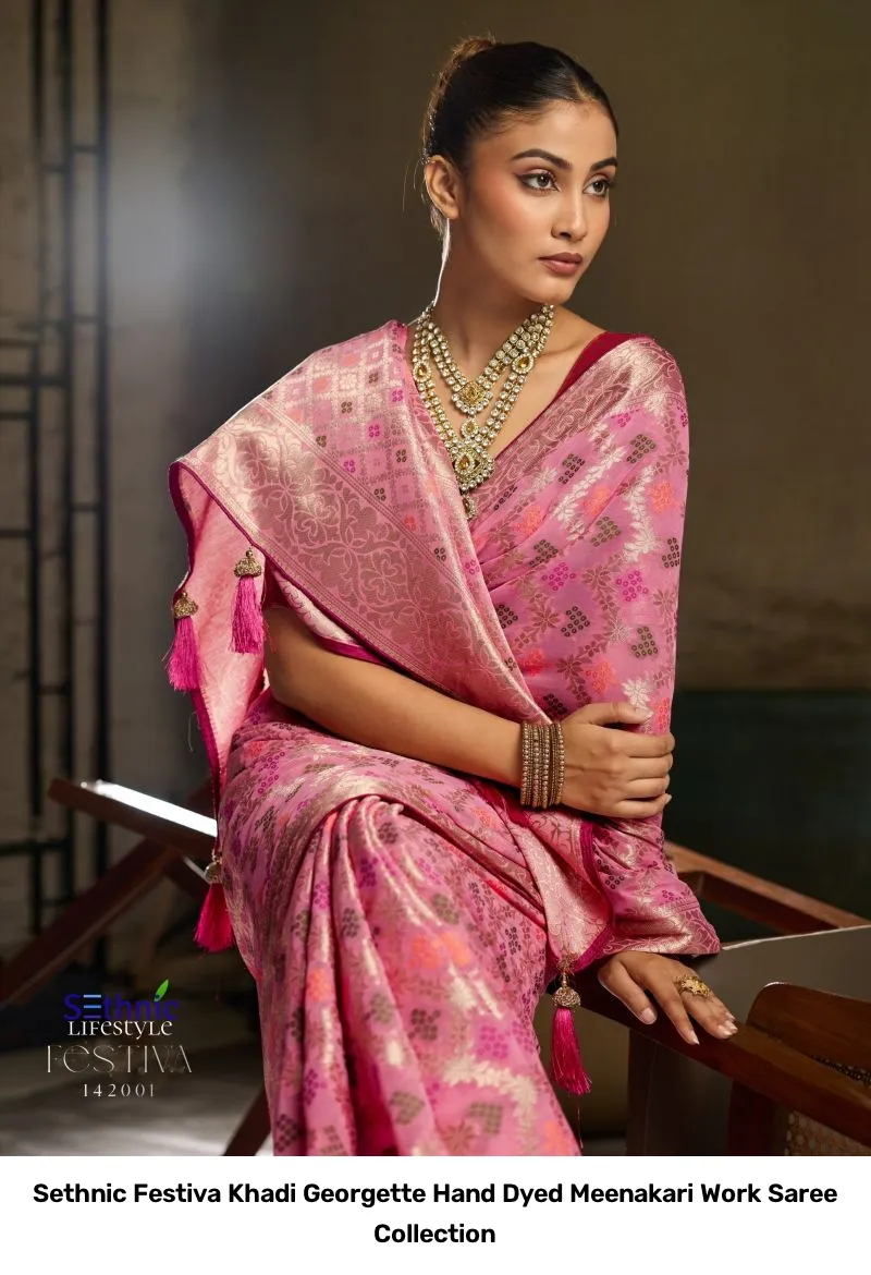 Sethnic Festiva Khadi Georgette Hand Dyed Meenakari Work Saree Collection - Image 11