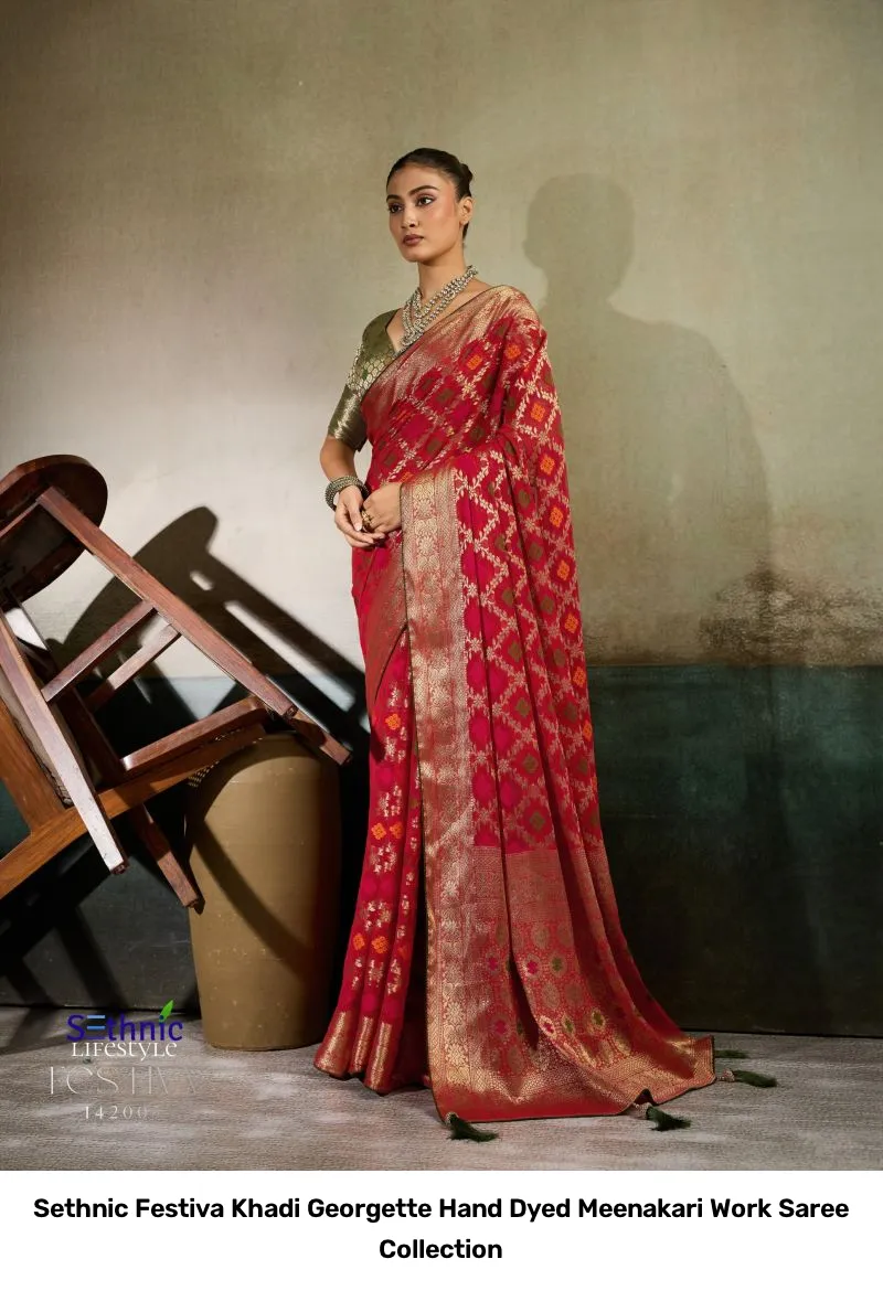 Sethnic Festiva Khadi Georgette Hand Dyed Meenakari Work Saree Collection - Image 12
