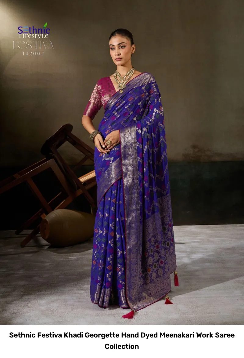 Sethnic Festiva Khadi Georgette Hand Dyed Meenakari Work Saree Collection - Image 13