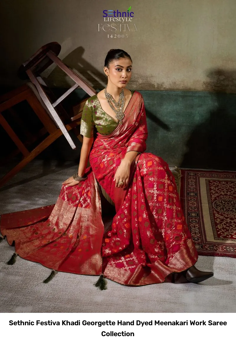 Sethnic Festiva Khadi Georgette Hand Dyed Meenakari Work Saree Collection - Image 14