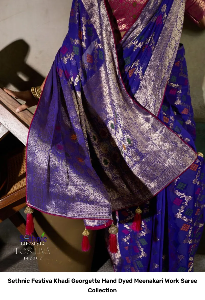 Sethnic Festiva Khadi Georgette Hand Dyed Meenakari Work Saree Collection - Image 15