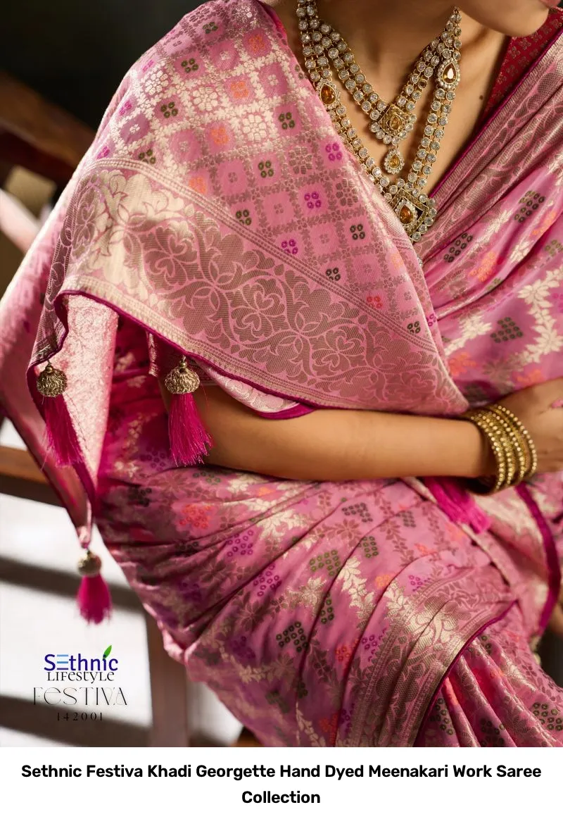 Sethnic Festiva Khadi Georgette Hand Dyed Meenakari Work Saree Collection - Image 16