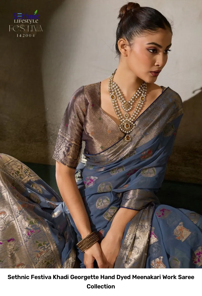Sethnic Festiva Khadi Georgette Hand Dyed Meenakari Work Saree Collection - Image 17