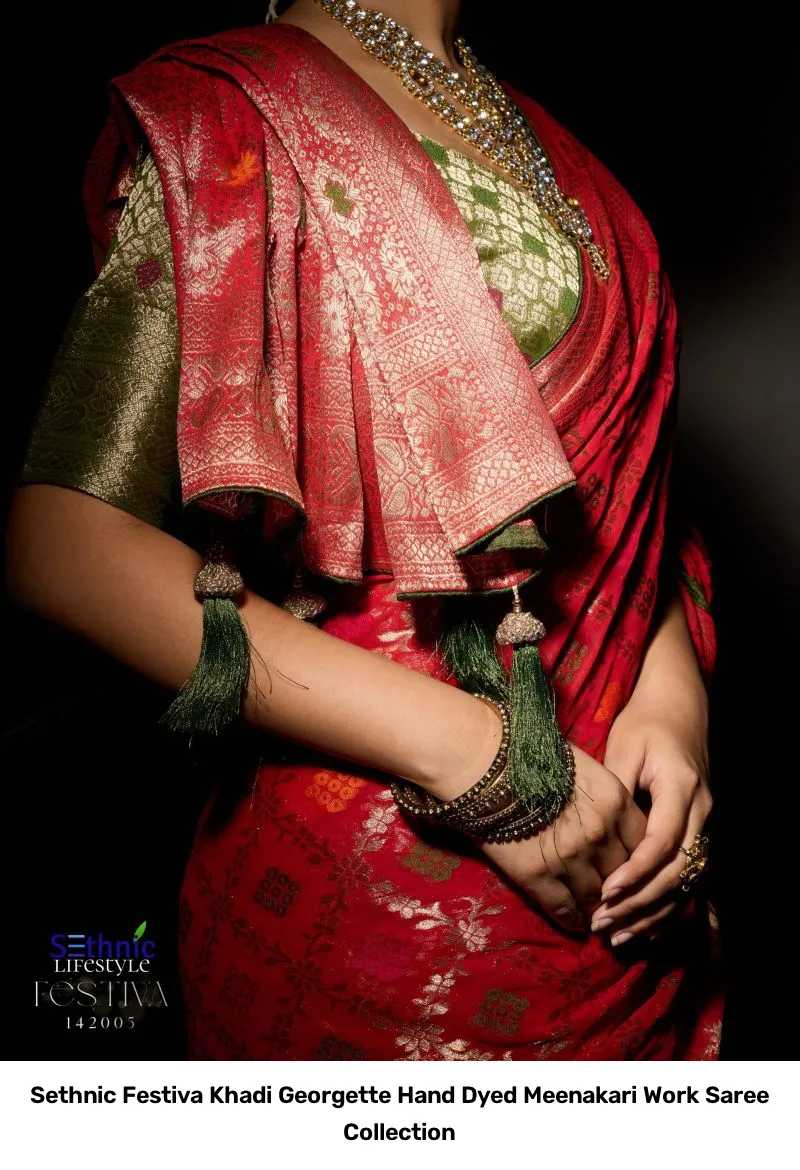 Sethnic Festiva Khadi Georgette Hand Dyed Meenakari Work Saree Collection - Image 2