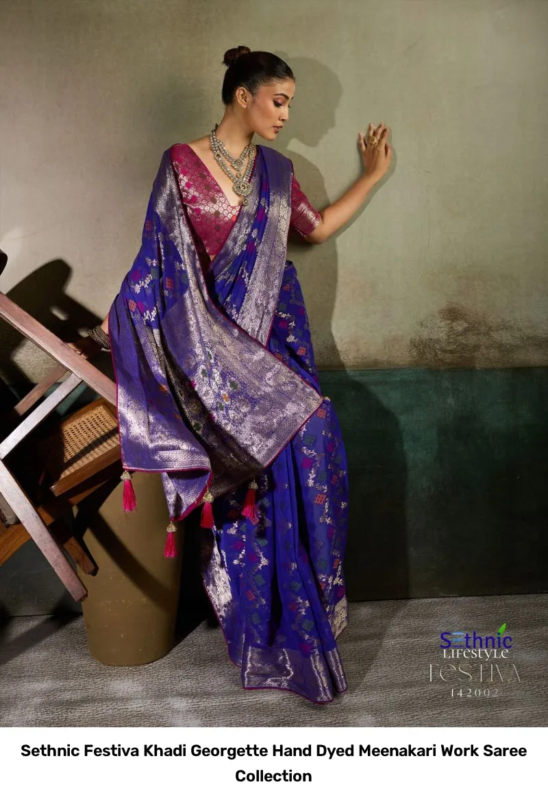 Sethnic Festiva Khadi Georgette Hand Dyed Meenakari Work Saree Collection - Image 3