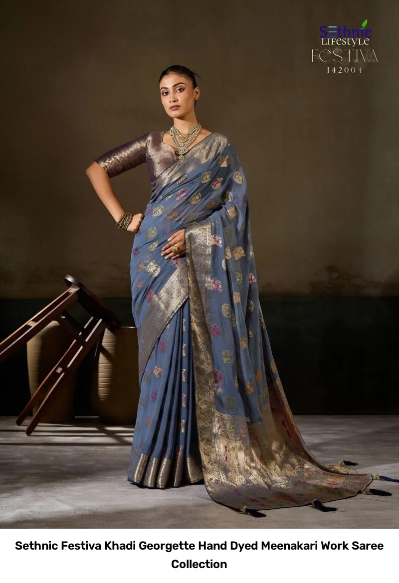 Sethnic Festiva Khadi Georgette Hand Dyed Meenakari Work Saree Collection - Image 4