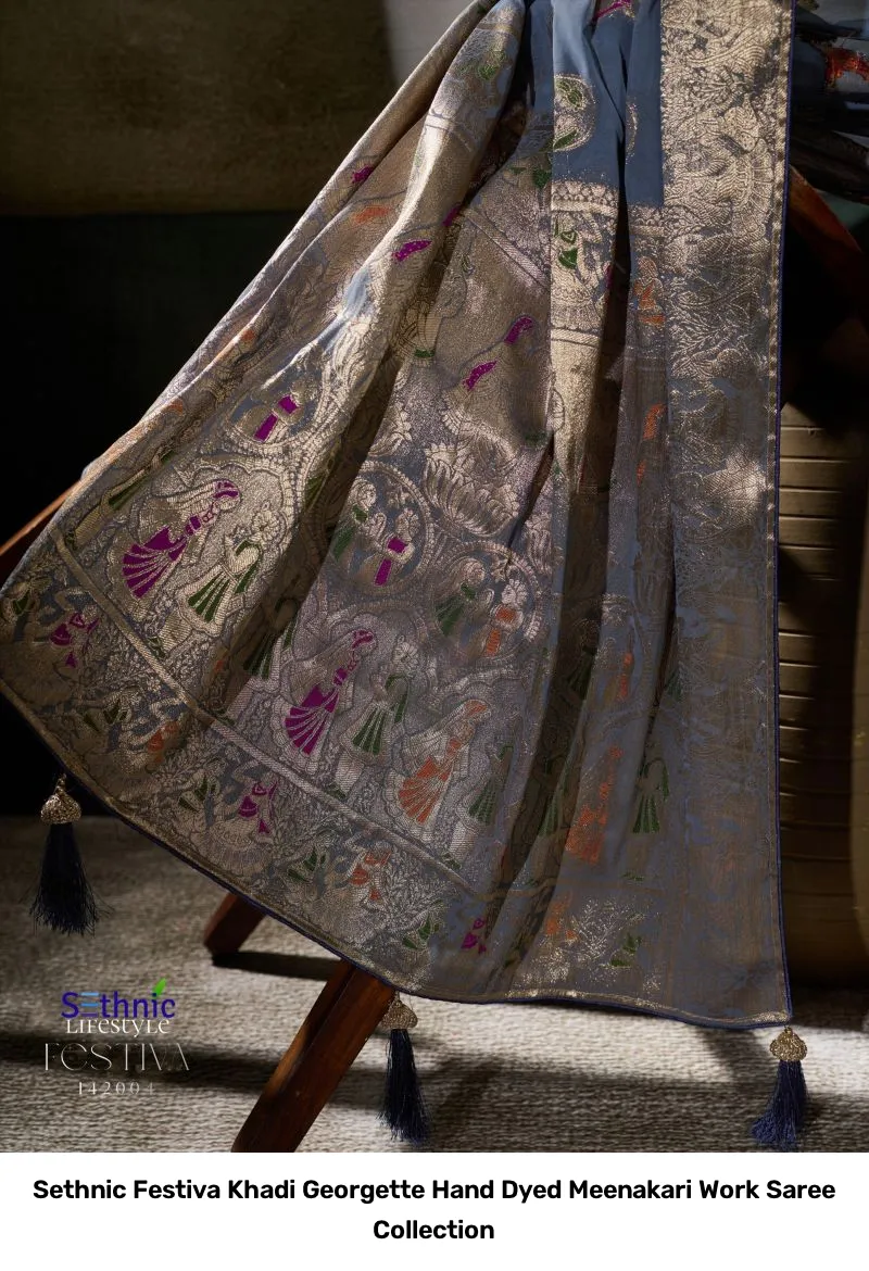 Sethnic Festiva Khadi Georgette Hand Dyed Meenakari Work Saree Collection - Image 5