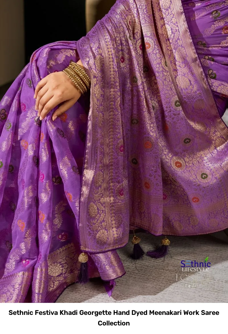 Sethnic Festiva Khadi Georgette Hand Dyed Meenakari Work Saree Collection - Image 6