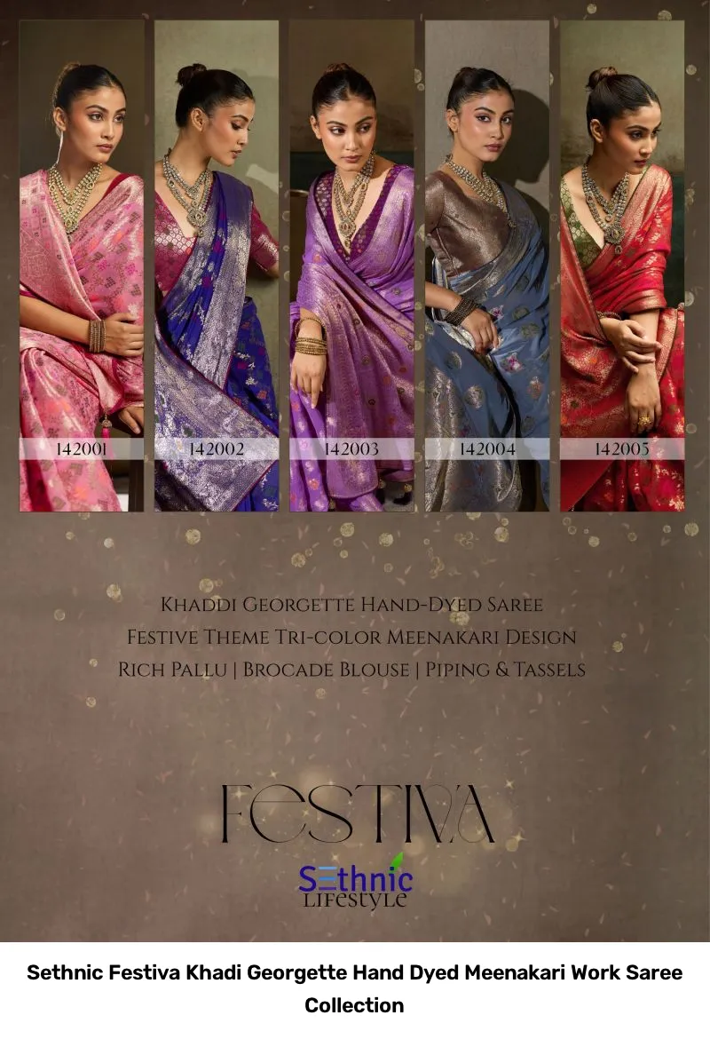 Sethnic Festiva Khadi Georgette Hand Dyed Meenakari Work Saree Collection - Image 7