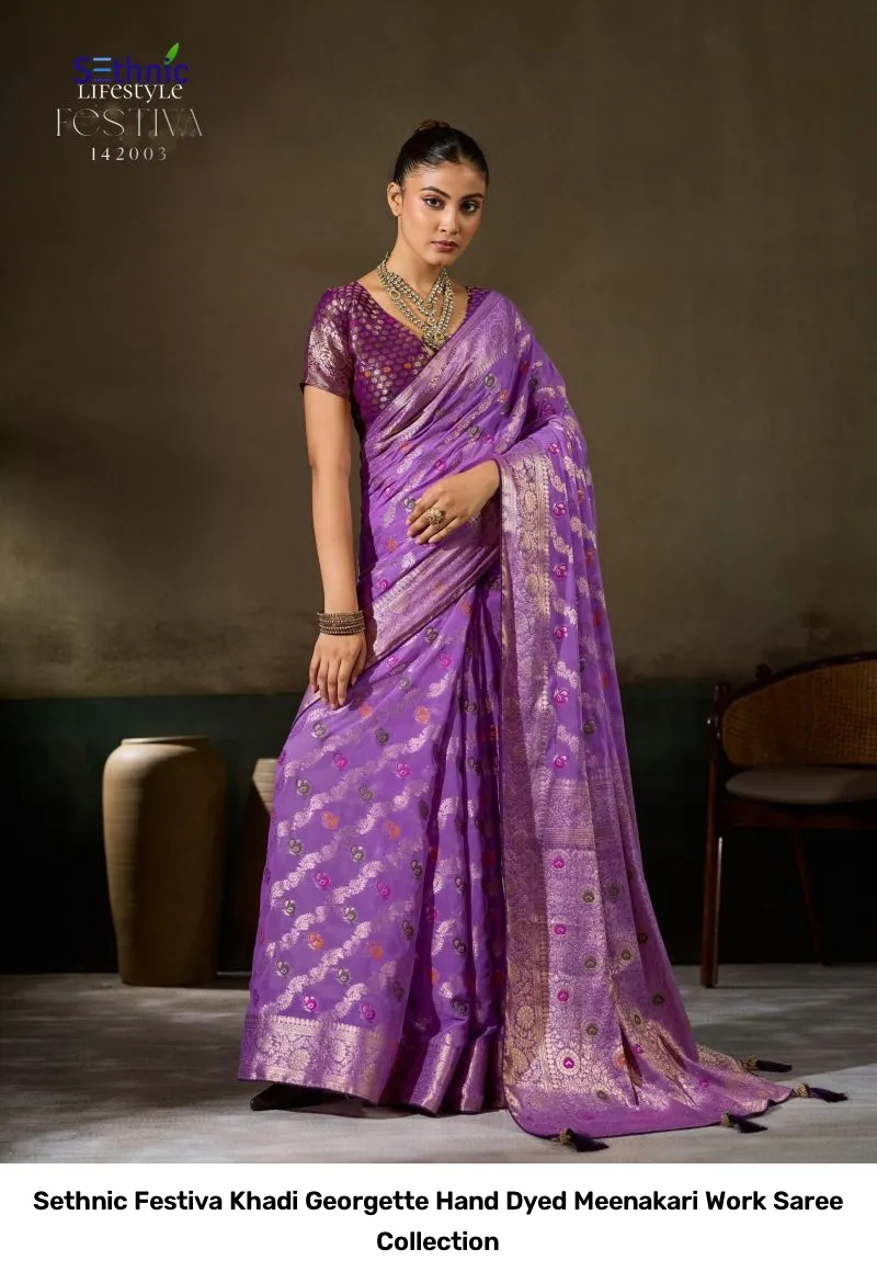 Sethnic Festiva Khadi Georgette Hand Dyed Meenakari Work Saree Collection - Image 8