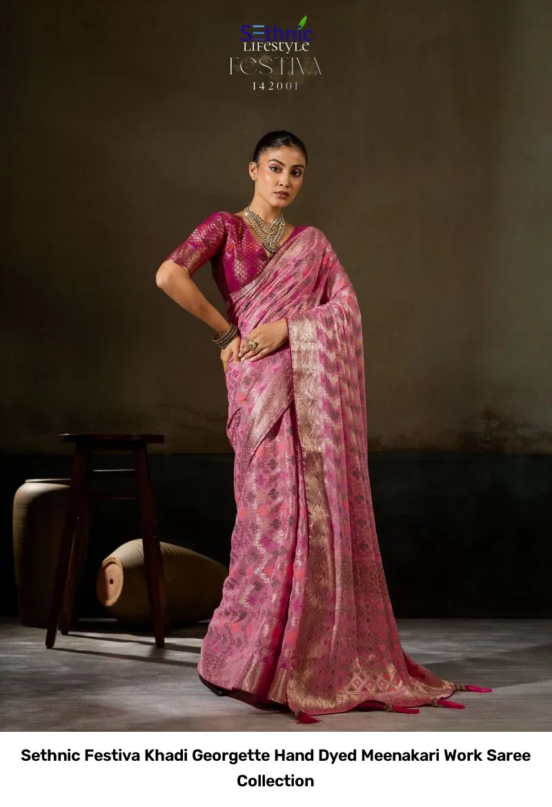 Sethnic Festiva Khadi Georgette Hand Dyed Meenakari Work Saree Collection - Image 9