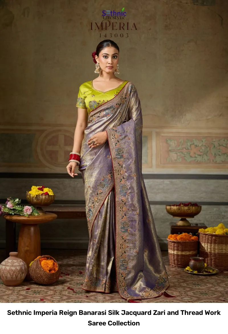 Sethnic Imperia Reign Banarasi Silk Jacquard Zari and Thread Work Saree Collection - Image 14