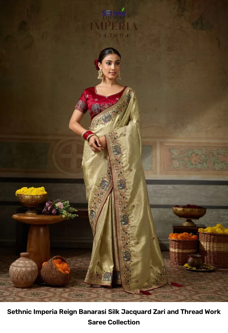 Sethnic Imperia Reign Banarasi Silk Jacquard Zari and Thread Work Saree Collection - Image 15