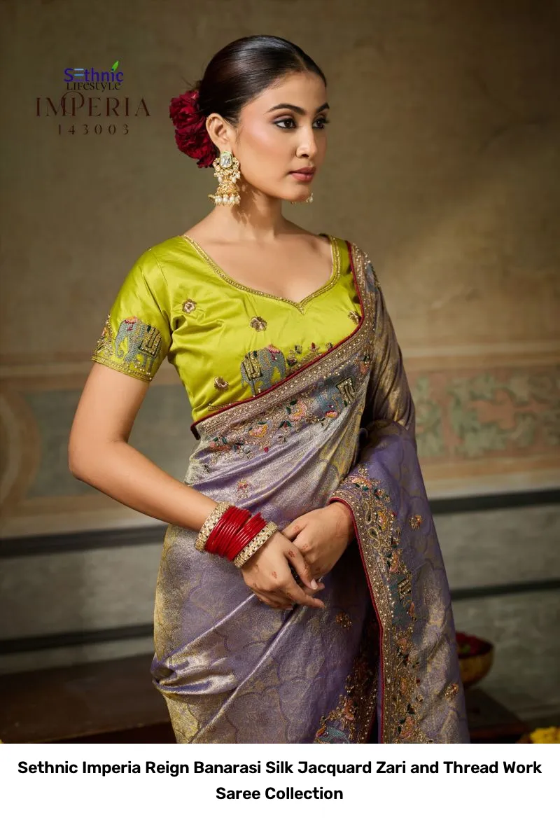 Sethnic Imperia Reign Banarasi Silk Jacquard Zari and Thread Work Saree Collection - Image 17