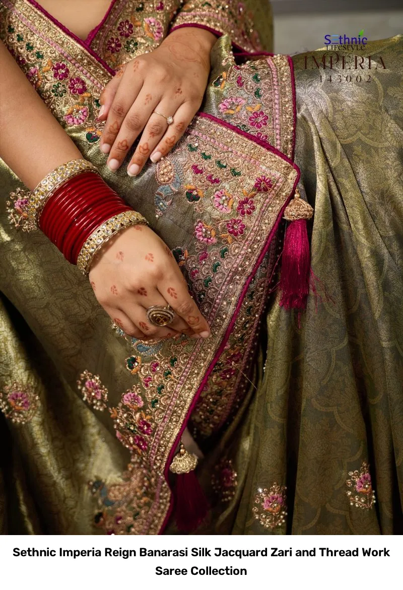 Sethnic Imperia Reign Banarasi Silk Jacquard Zari and Thread Work Saree Collection - Image 18