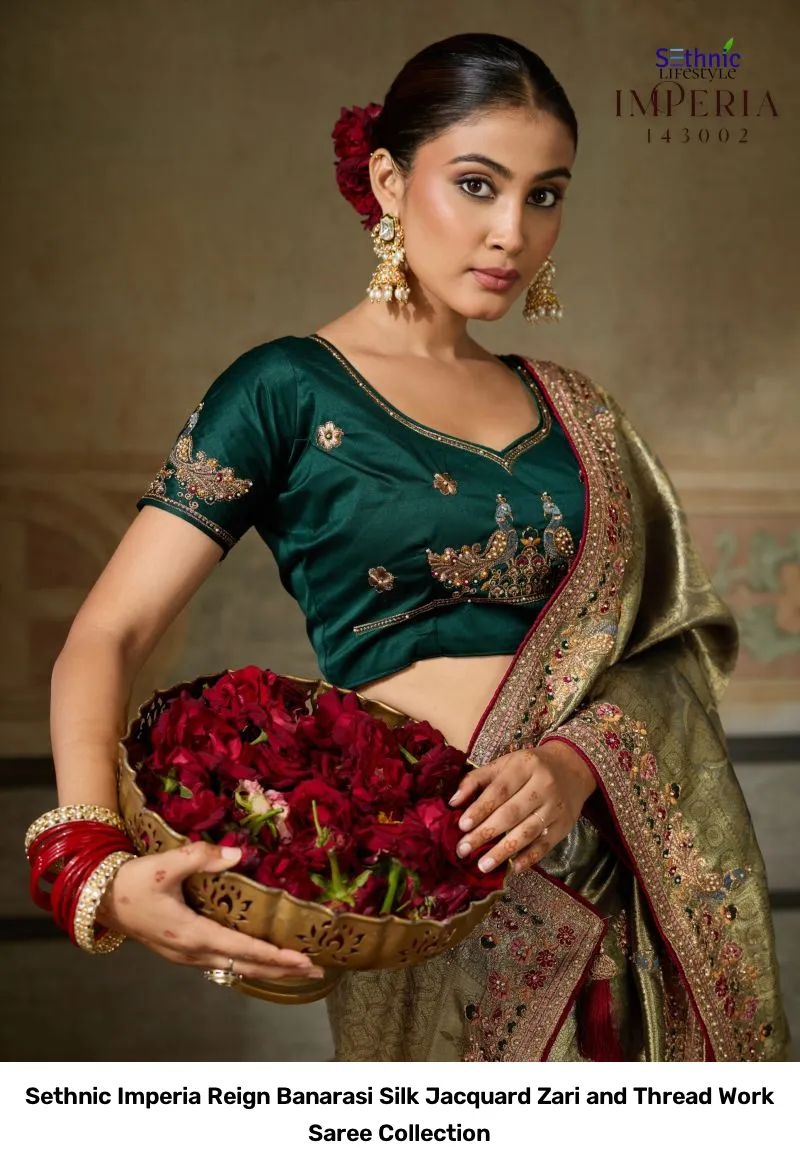 Sethnic Imperia Reign Banarasi Silk Jacquard Zari and Thread Work Saree Collection - Image 20