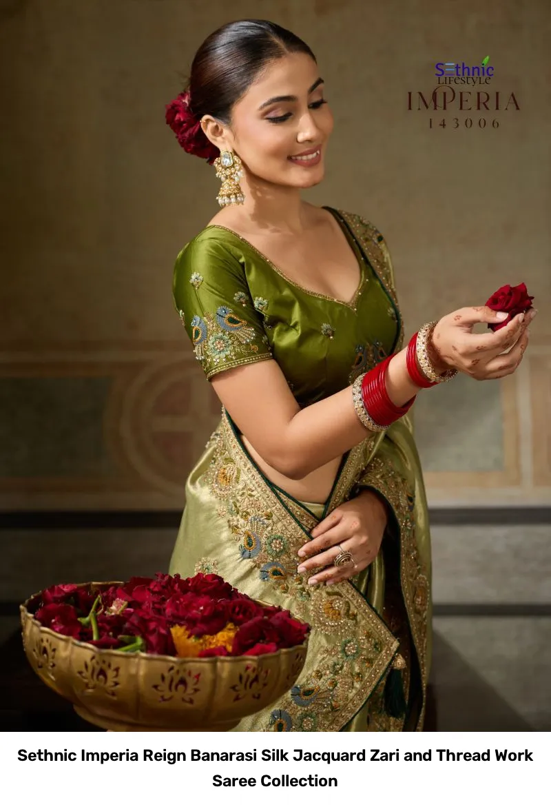 Sethnic Imperia Reign Banarasi Silk Jacquard Zari and Thread Work Saree Collection - Image 4