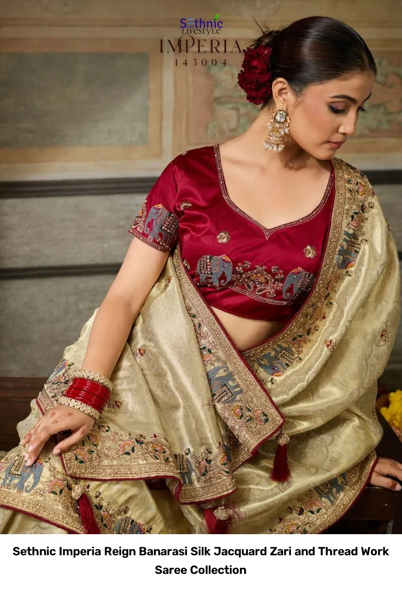 Sethnic Imperia Reign Banarasi Silk Jacquard Zari and Thread Work Saree Collection - Image 6