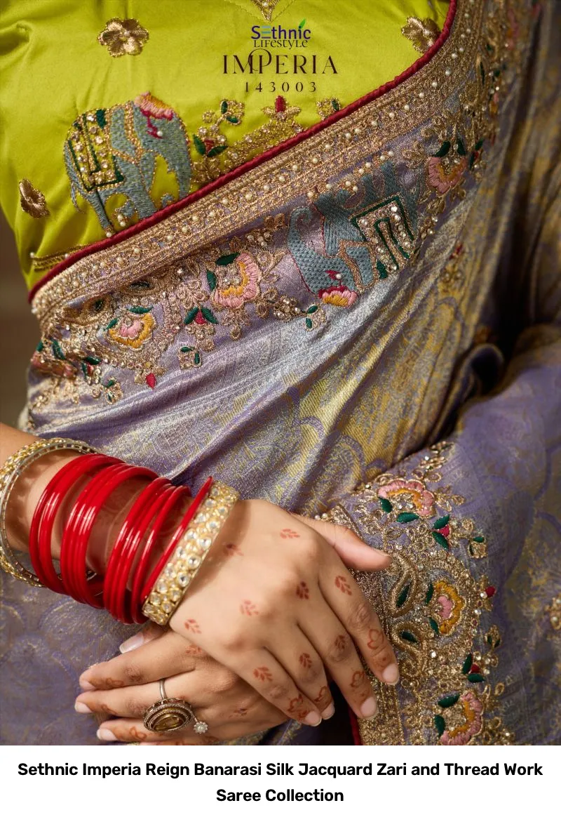Sethnic Imperia Reign Banarasi Silk Jacquard Zari and Thread Work Saree Collection - Image 7