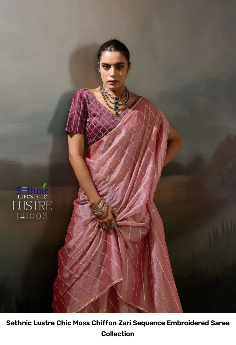 Sethnic Lustre Chic Moss Chiffon Zari Sequence Embroidered Saree Collection - Image 10