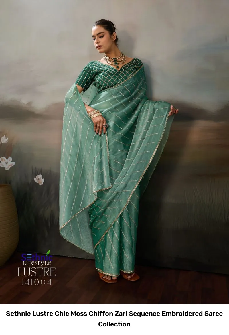 Sethnic Lustre Chic Moss Chiffon Zari Sequence Embroidered Saree Collection - Image 2