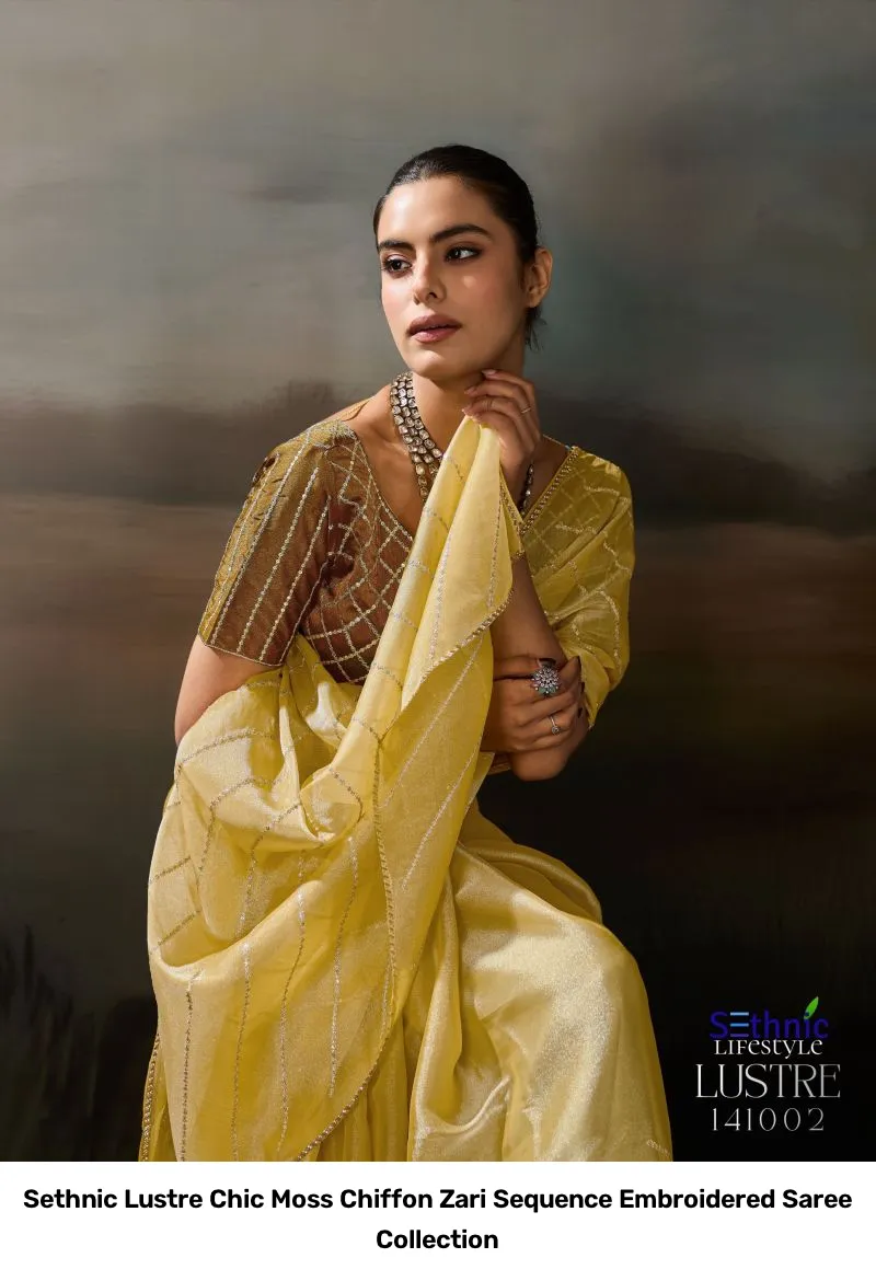 Sethnic Lustre Chic Moss Chiffon Zari Sequence Embroidered Saree Collection - Image 3