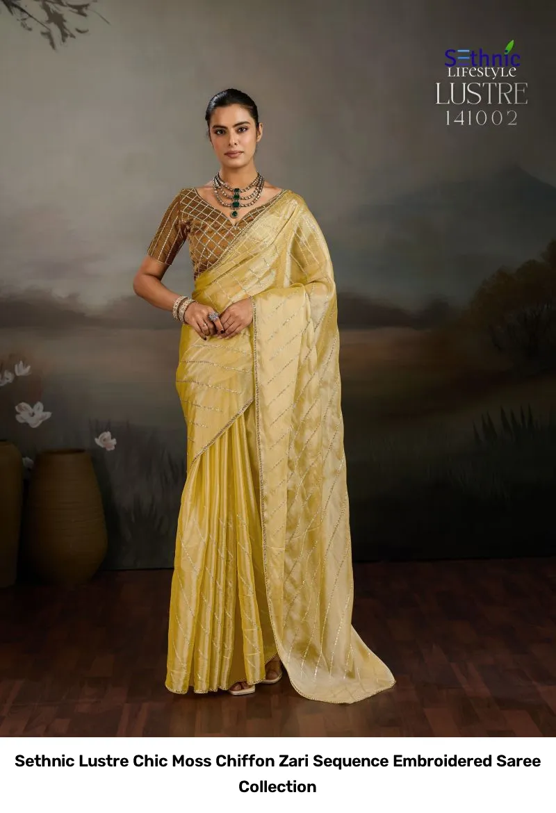 Sethnic Lustre Chic Moss Chiffon Zari Sequence Embroidered Saree Collection - Image 4