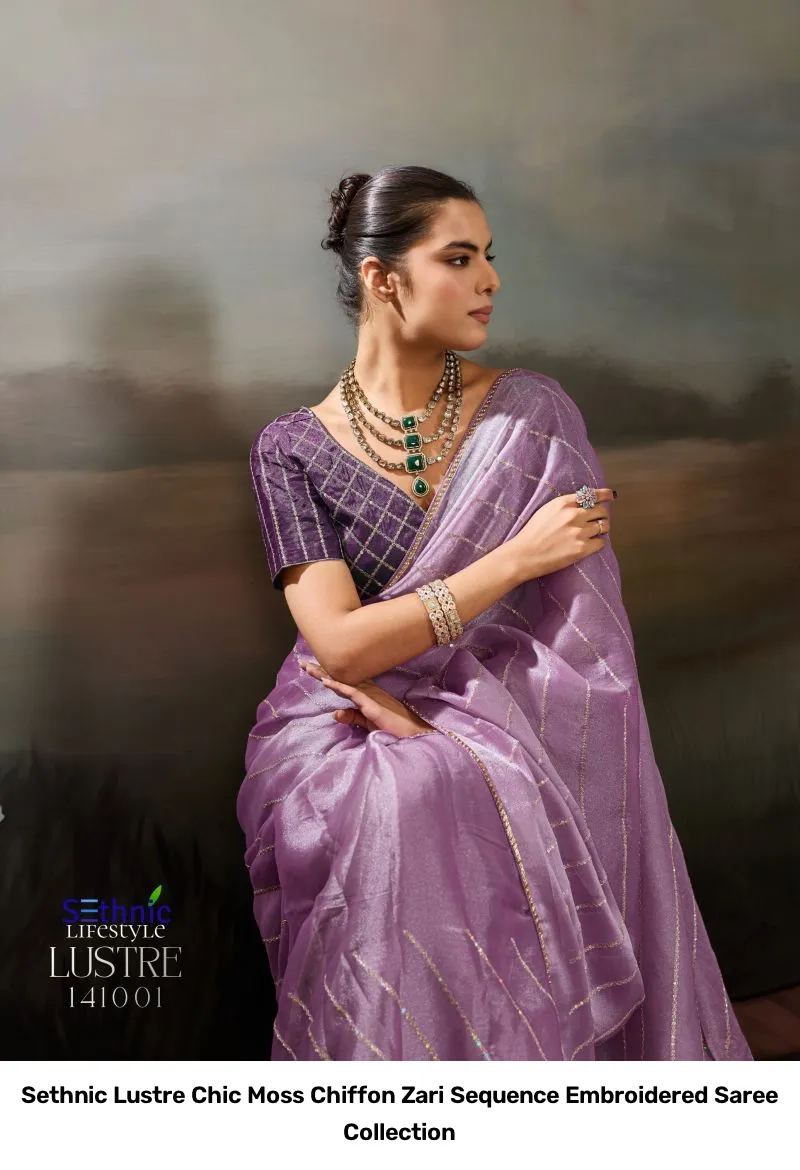 Sethnic Lustre Chic Moss Chiffon Zari Sequence Embroidered Saree Collection - Image 5