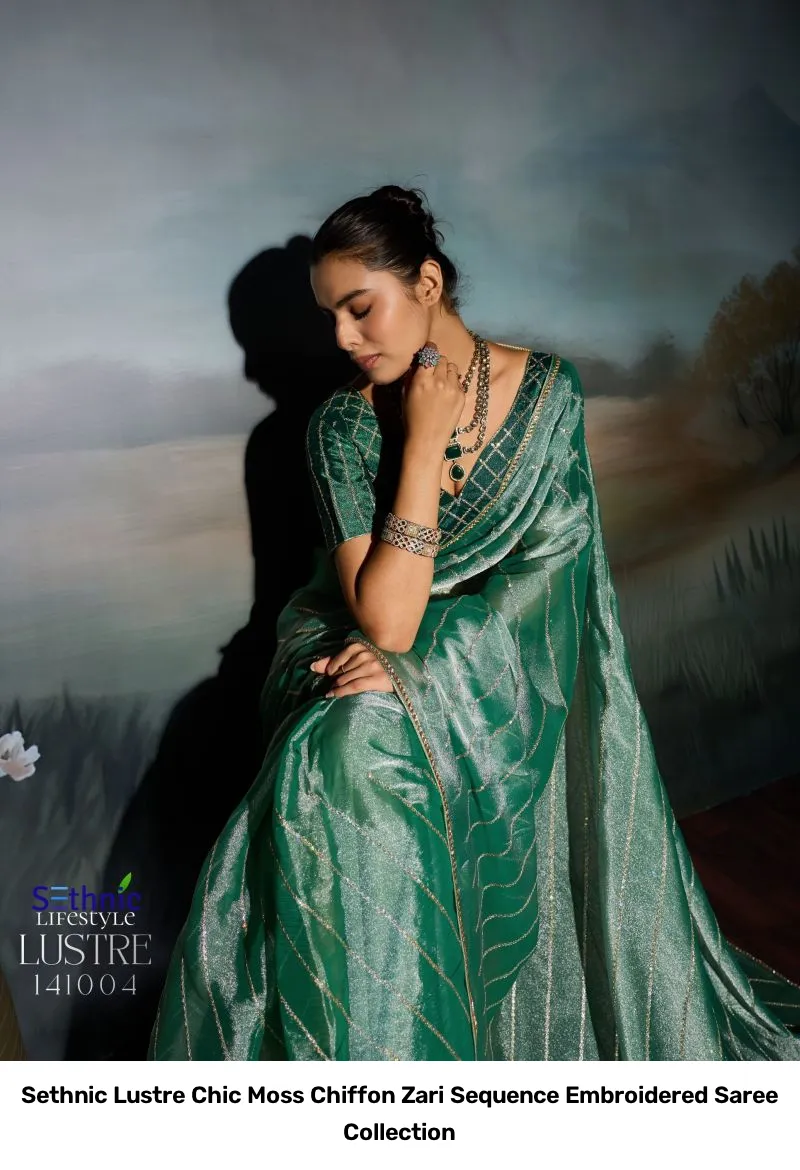 Sethnic Lustre Chic Moss Chiffon Zari Sequence Embroidered Saree Collection - Image 6