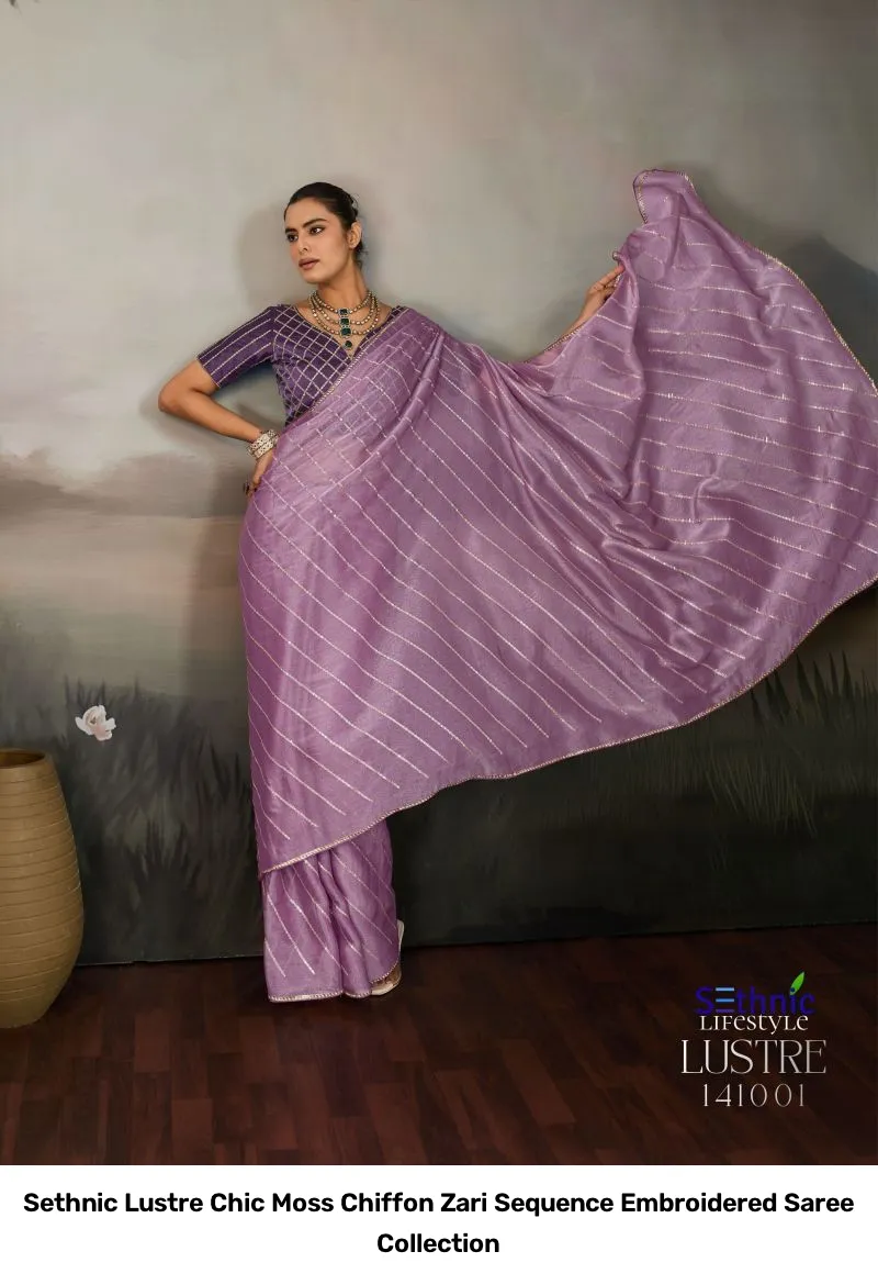 Sethnic Lustre Chic Moss Chiffon Zari Sequence Embroidered Saree Collection - Image 7