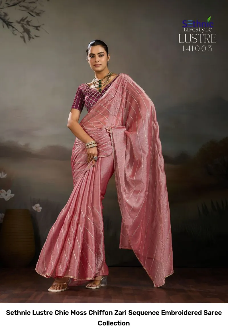 Sethnic Lustre Chic Moss Chiffon Zari Sequence Embroidered Saree Collection - Image 8