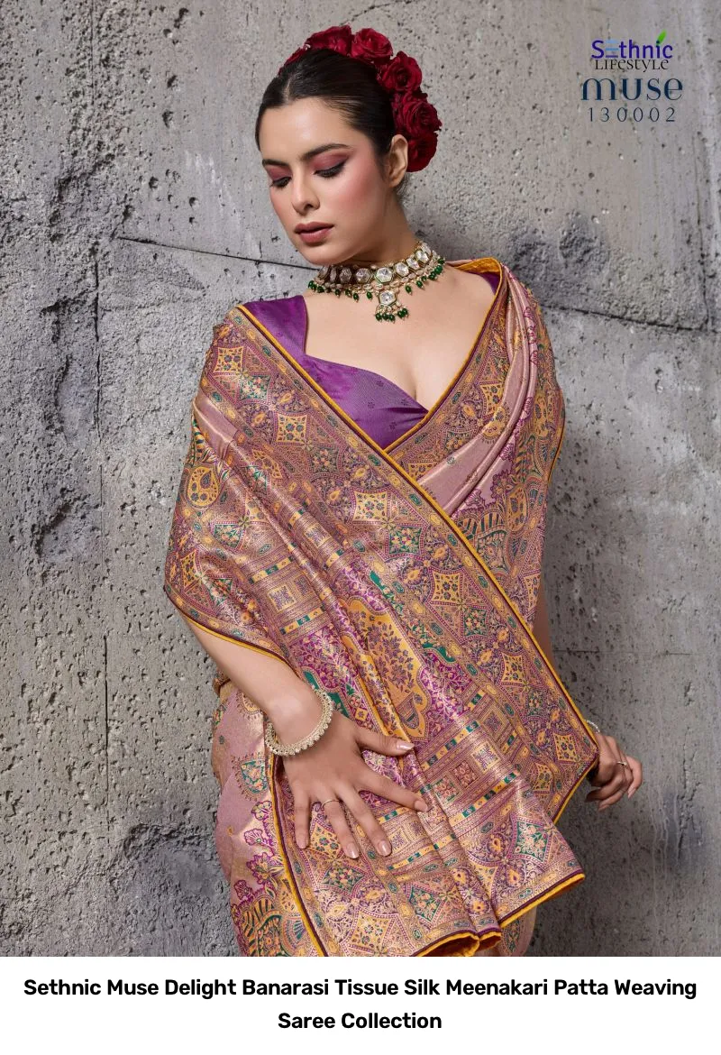 Sethnic Muse Delight Banarasi Tissue Silk Meenakari Patta Weaving Saree Collection - Image 2